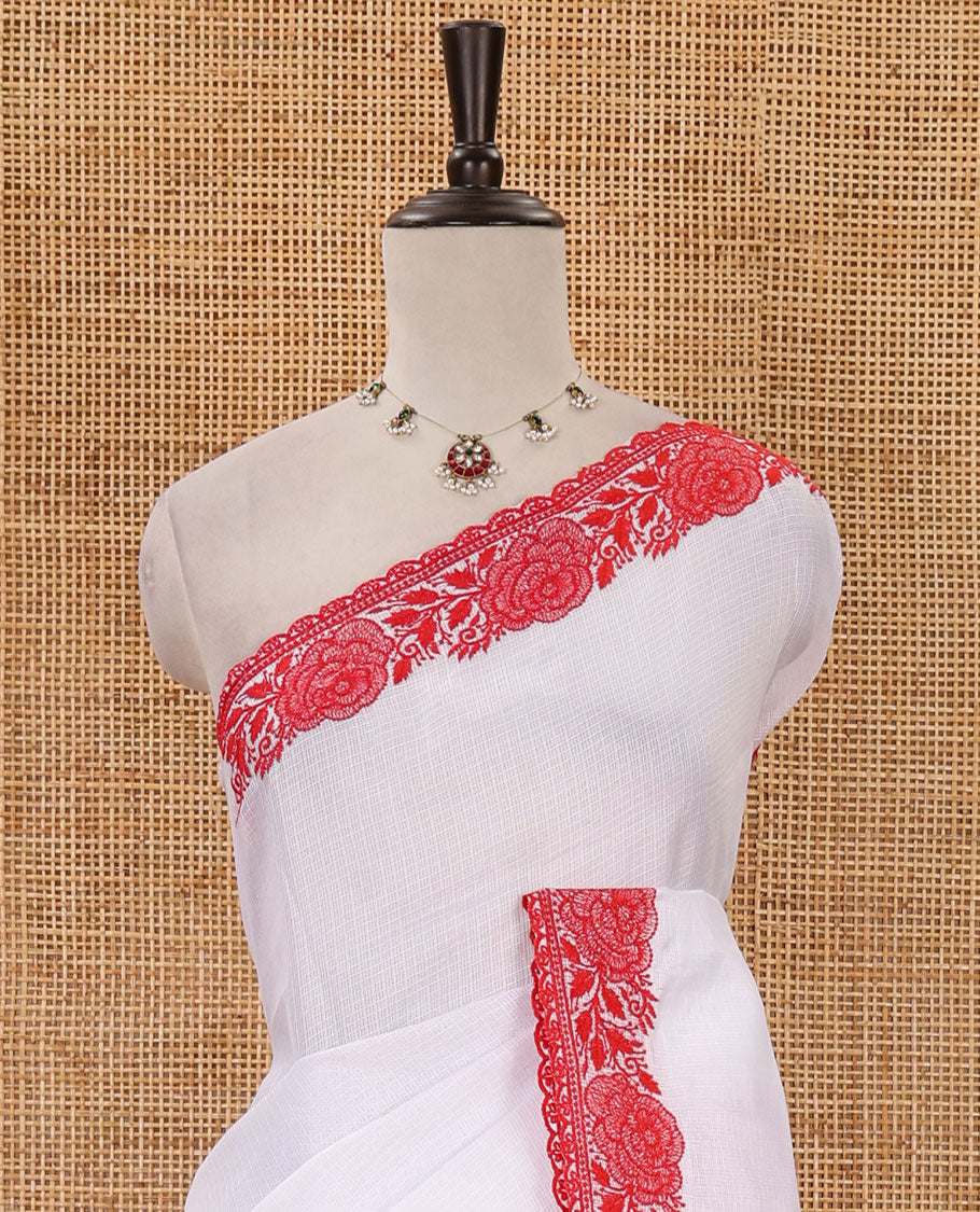 White plain kota checks saree, red rose thread embroidered scallop border & self-pallu & matching floral thread embroidered blouse