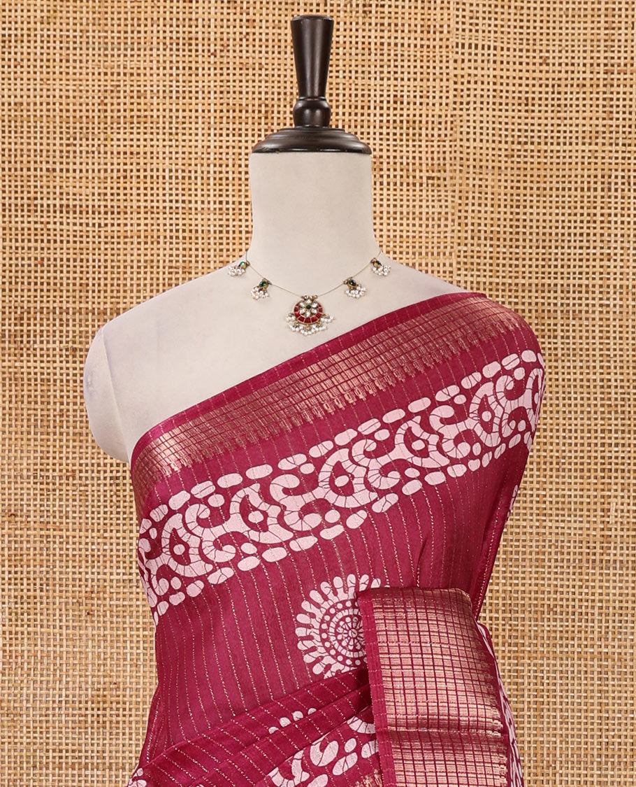 Purple golden zari striped & batik-printed dola silk saree, traditional zari border & batik printed pallu & matching batik printed blouse