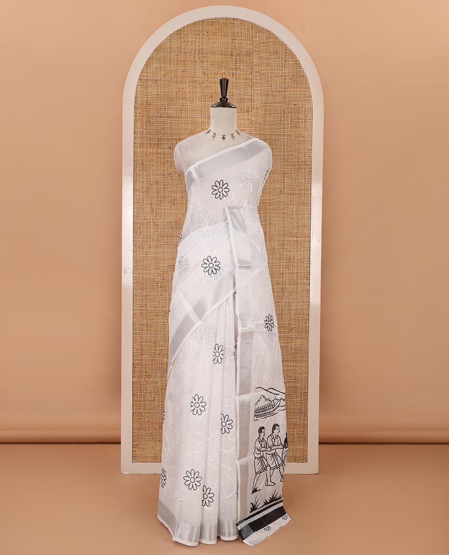 White flower motifs print & floral vine thread embroidered linen saree, zari bavanji border, village-theme handpainting-style printed pallu & blouse of print & embroidery