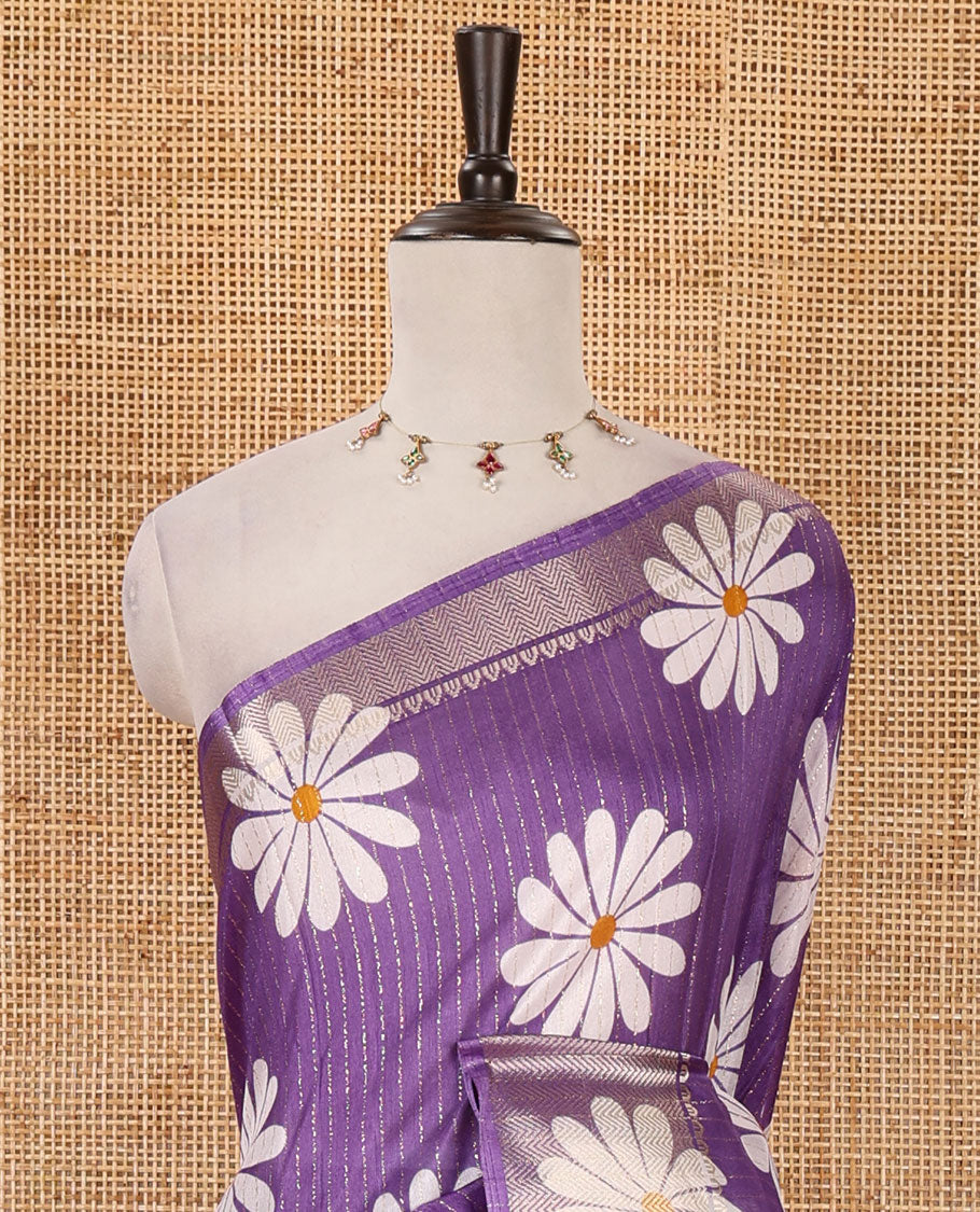 Lavender zari striped & sunflower motifs printed dola silk saree, traditional zari border, ikkat printed pallu & printed blouse