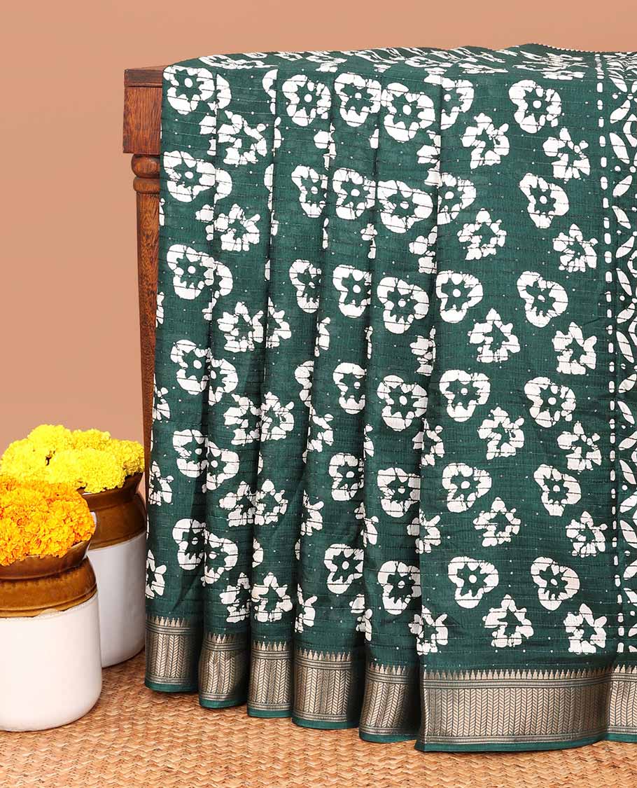 Green pathik print , sequins design dola silk saree with copper thread border & small pathik printed blouse