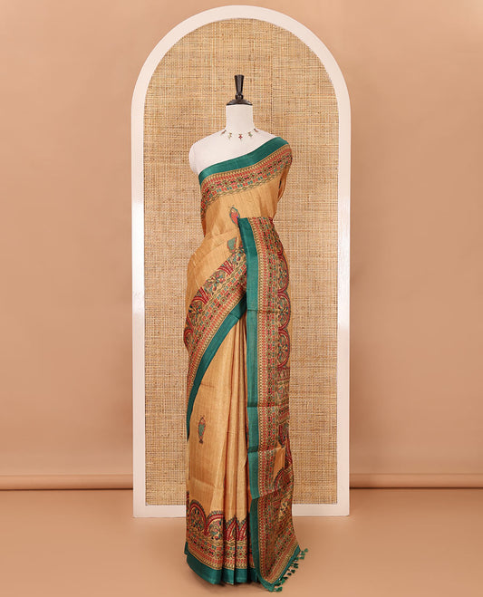 Lemon yellow madhubani-style fish printed khadi cotton saree, floral printed border, madhubani printed pallu & contrast polka dots printed blouse