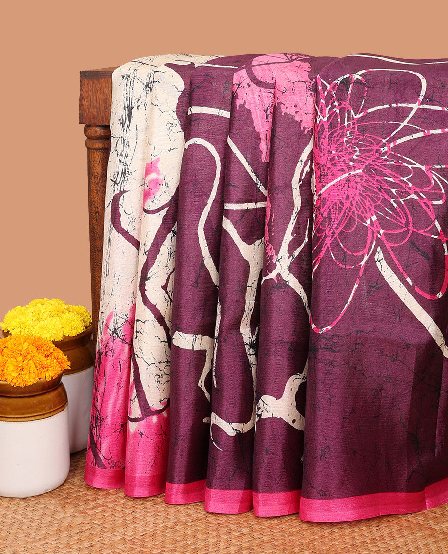 Wine geometric design khadi tussar saree with pink contrast border & jaal pallu along with contrast blouse