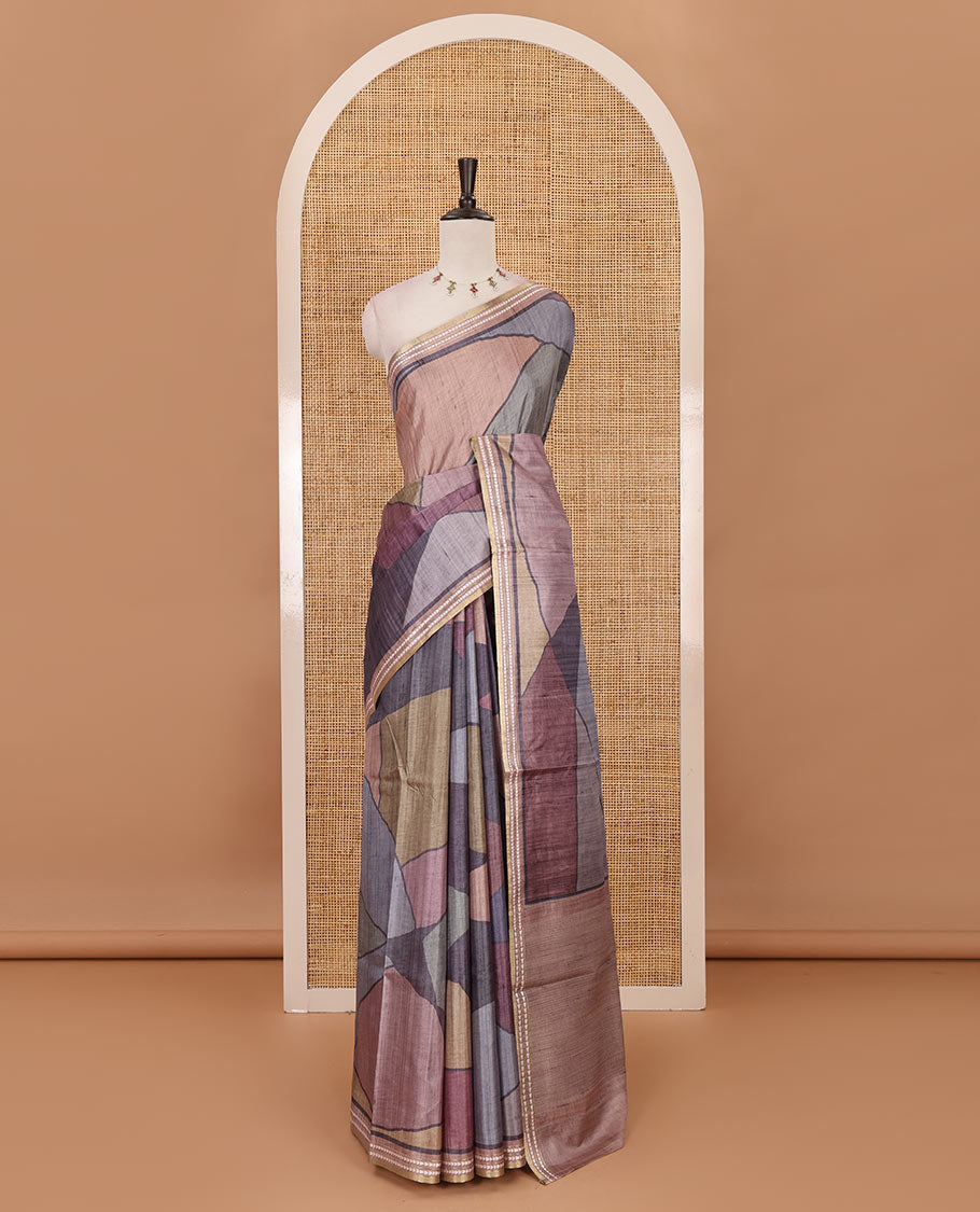 Grey abstract geometric printed semi-tussar saree, contrast thread triangle motifs border, striped pallu & contrast striped blouse