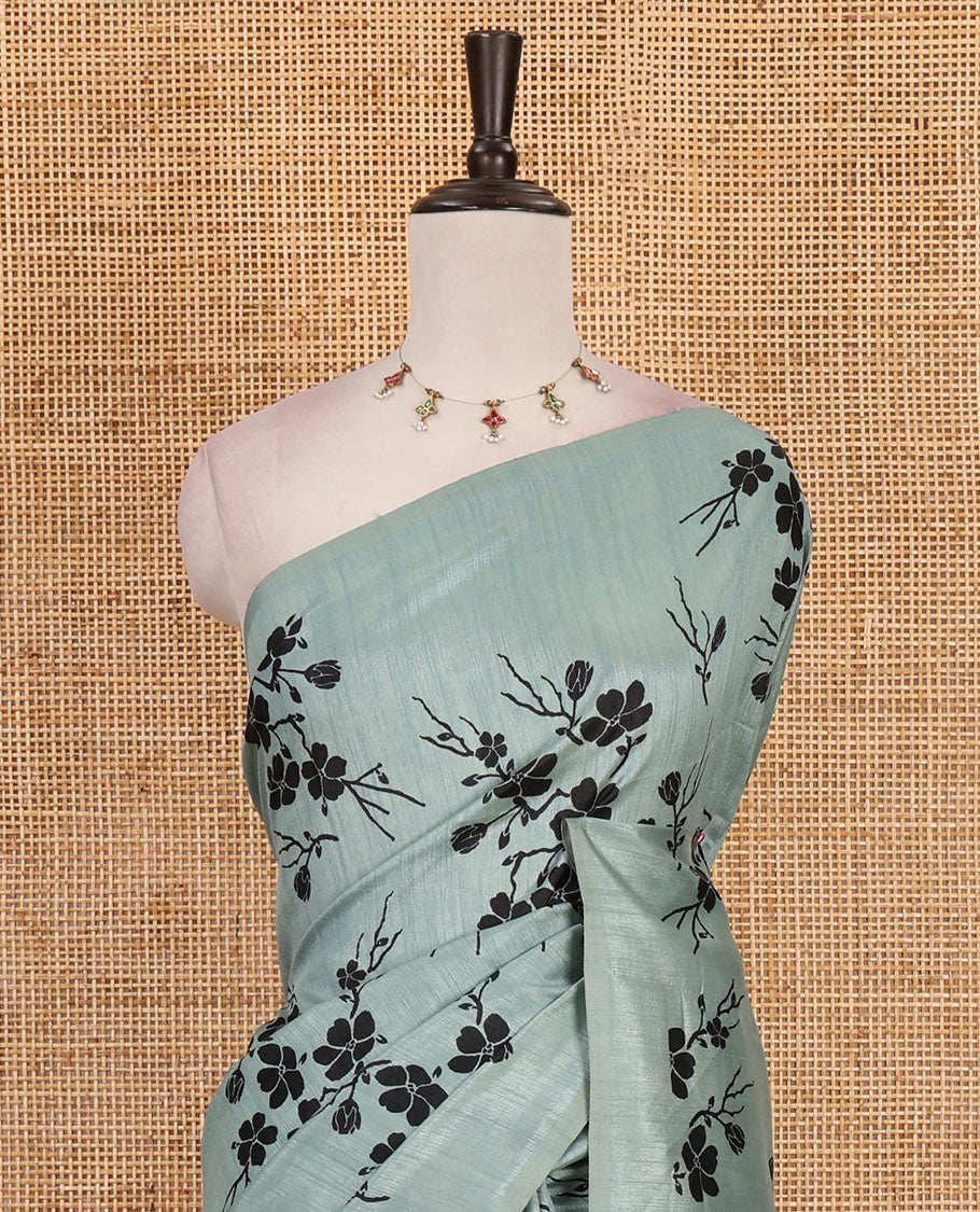 Borderless green five petal floral motifs printed semi tussar saree, self-pallu of floral print, and printed blouse