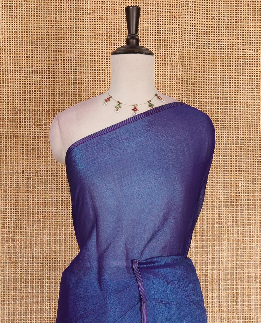 Borderless navy blue plain design viscose saree, flower motifs printed matching blouse
