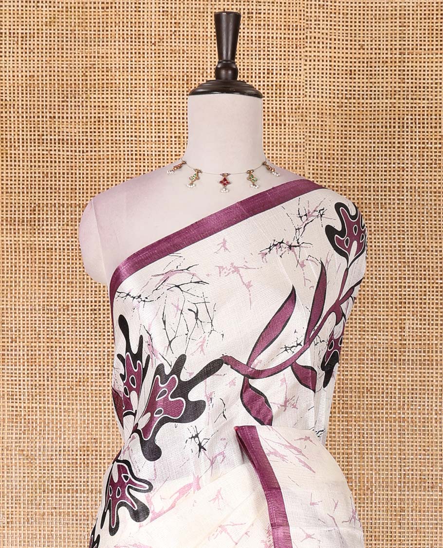 Half-white batik-style floral vine printed khadi cotton saree, contrast wine border, batik floral printed, and contrast flower motifs printed blouse