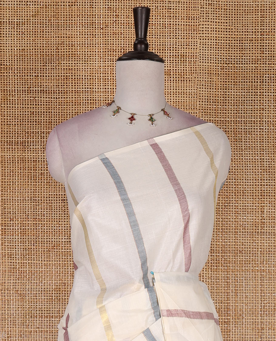 Borderless cream-blue vertical striped Kerala cotton saree, ragkat style pallu, and running blouse