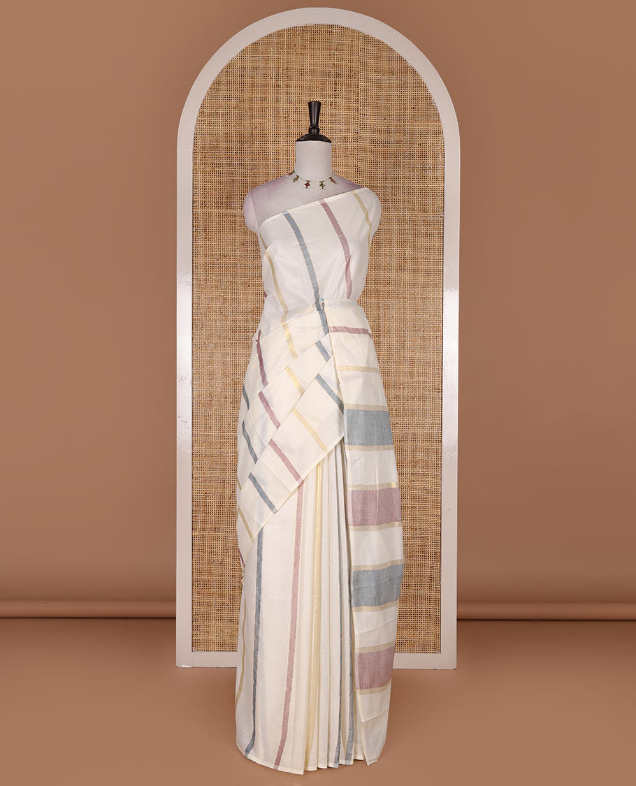 Borderless cream-blue vertical striped Kerala cotton saree, ragkat style pallu, and running blouse