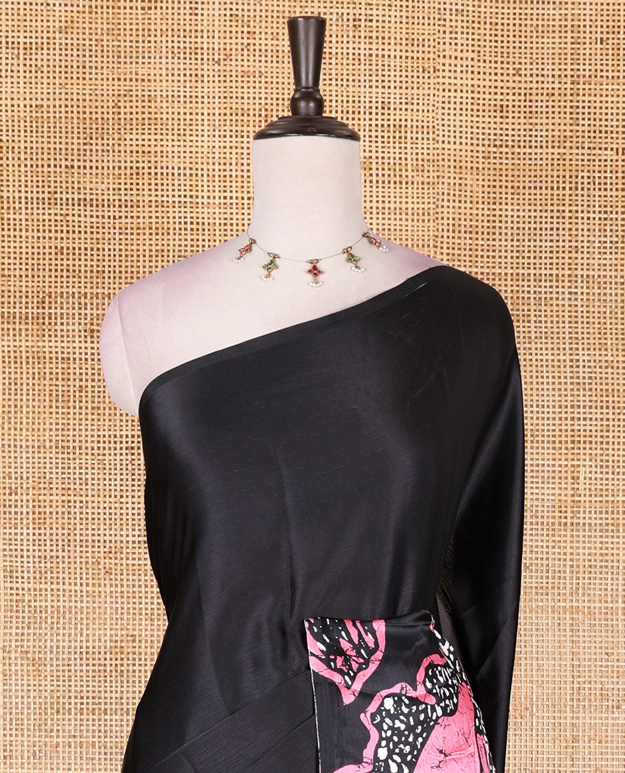 Borderless black-light pink batik style abstract digital printed satin crepe saree with blouse of small buttas