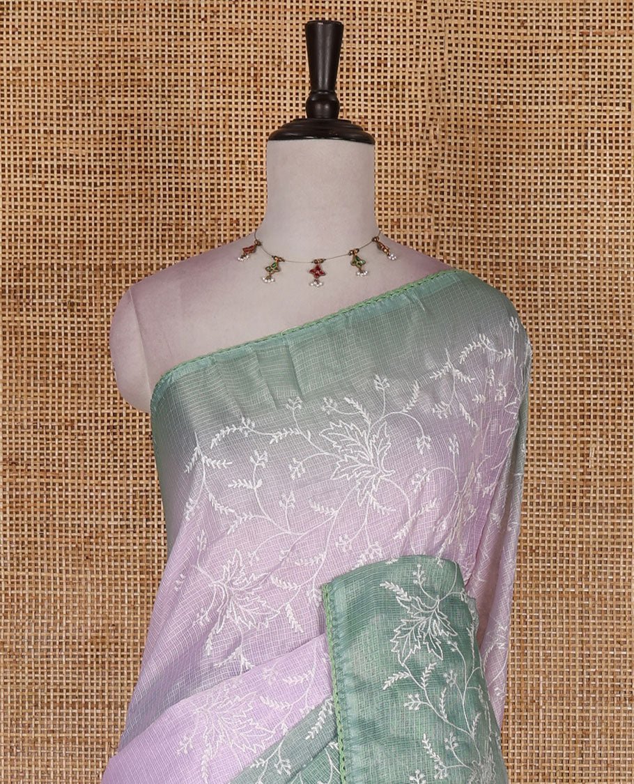 Lavender-green floral vine chickankari embroidered kota chex saree, lace border, floral vine chickankari embroidered pallu, and contrast plain blouse