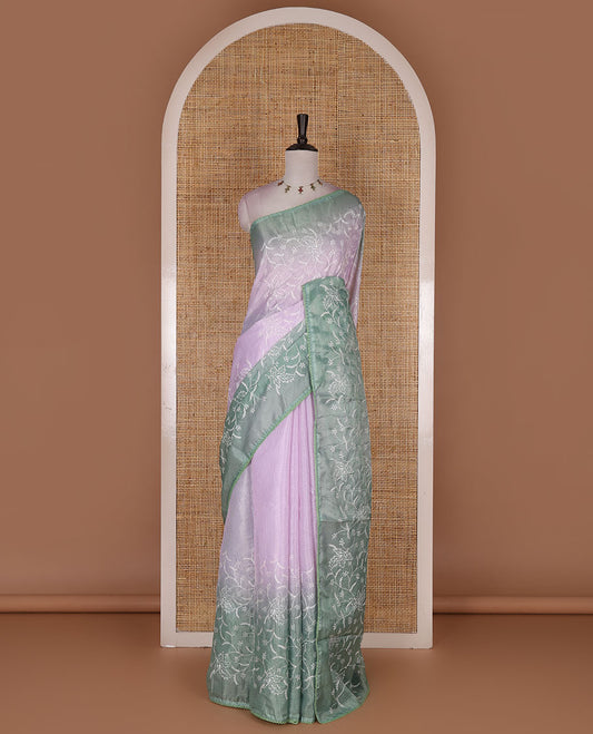 Lavender-green floral vine chickankari embroidered kota chex saree, lace border, floral vine chickankari embroidered pallu, and contrast plain blouse