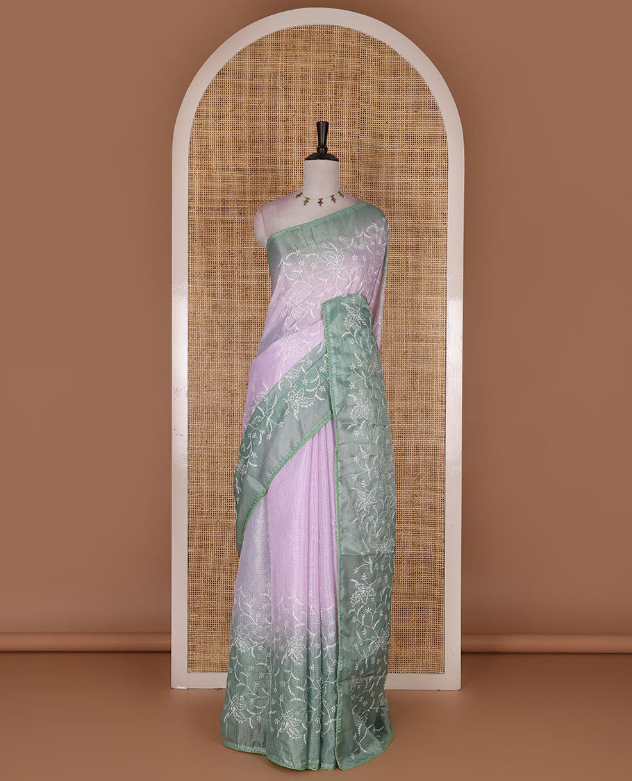 Lavender-green floral vine chickankari embroidered kota chex saree, lace border, floral vine chickankari embroidered pallu, and contrast plain blouse