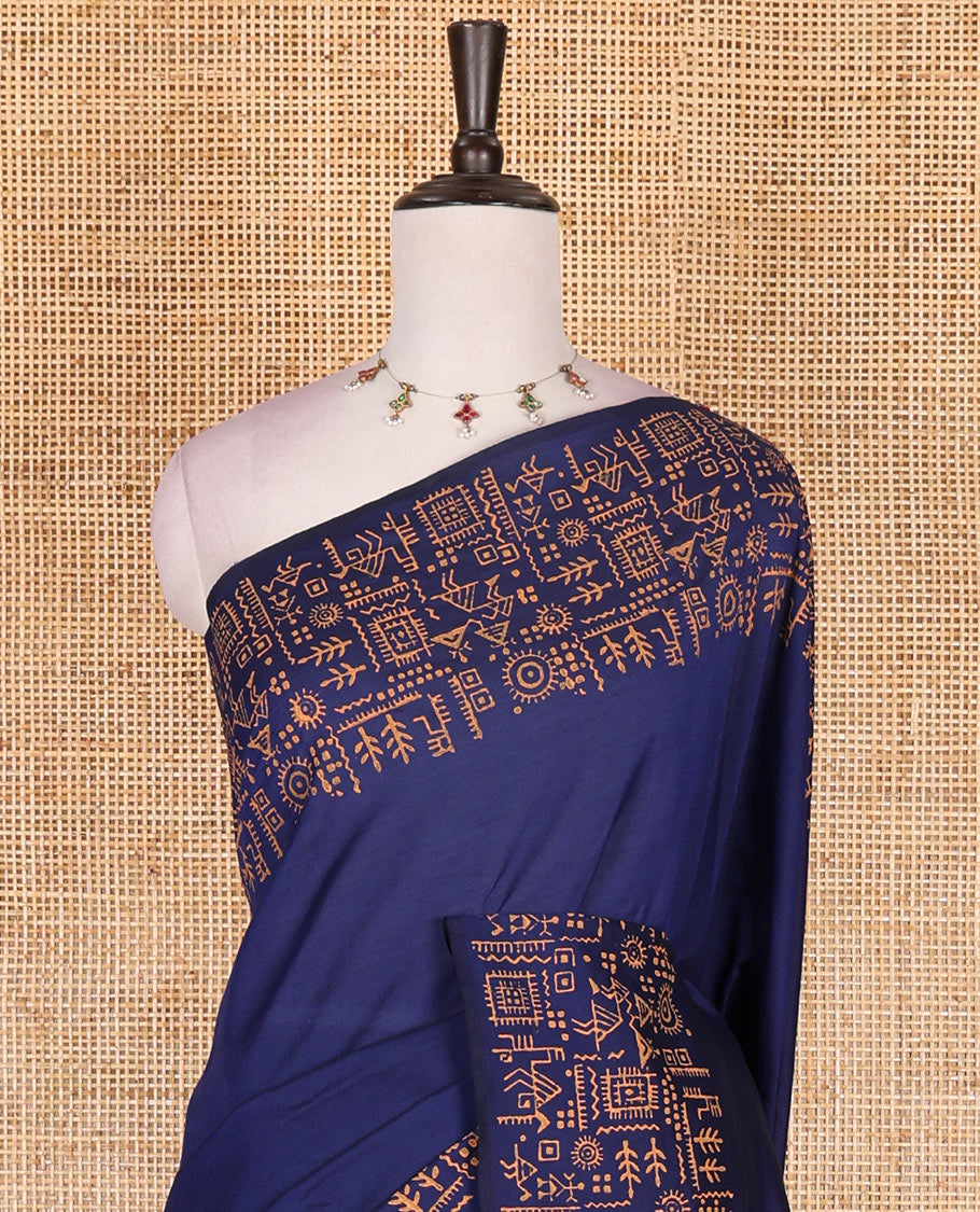 Blue plain South cotton saree, Warli village theme hand block printed border, and pallu, along with contrast printed blouse
