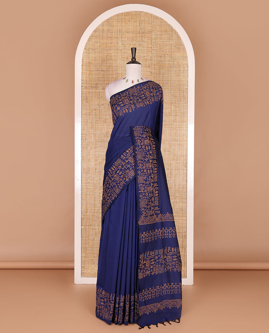 Blue plain South cotton saree, Warli village theme hand block printed border, and pallu, along with contrast printed blouse