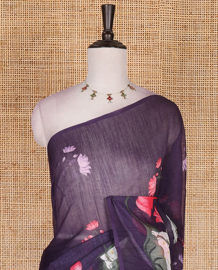 Borderless purple pichwai lotus vine and cows linen saree, pichwai printed pallu, and lotus floral printed blouse