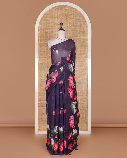 Borderless purple pichwai lotus vine and cows linen saree, pichwai printed pallu, and lotus floral printed blouse