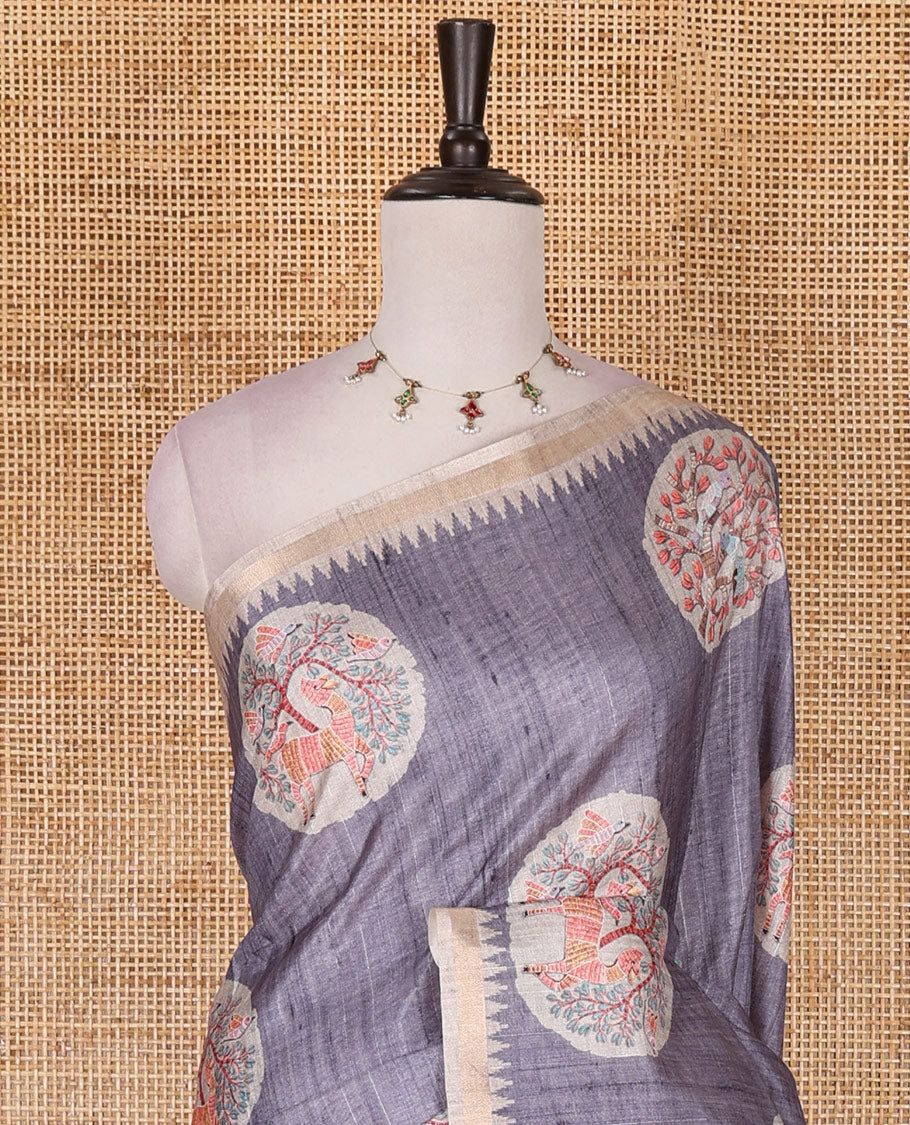 Grey Madhubani painting style deer and sparrow motifs printed semi-tussar silk saree, contrast temple border, Madhubani style pallu, and contrast bird and floral buttas printed blouse