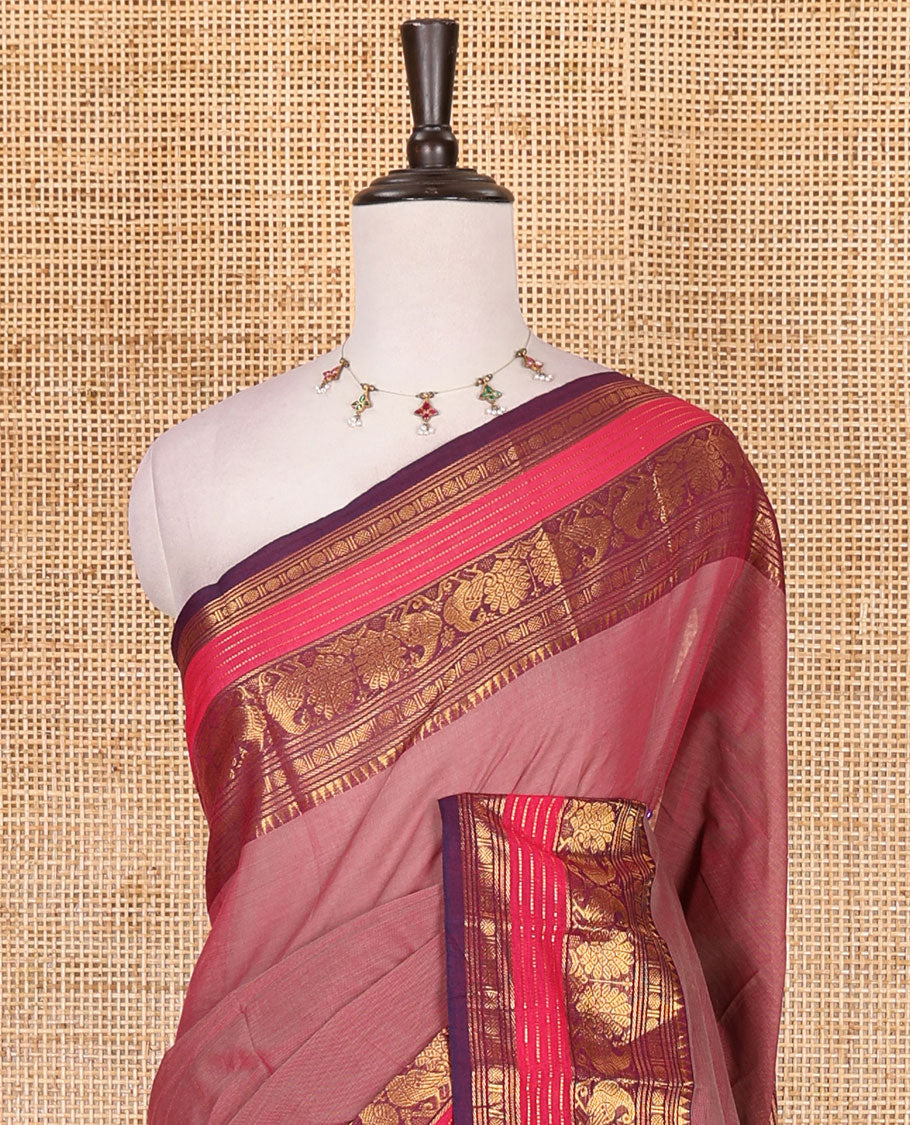 Pink plain Chettinad cotton saree, contrast rettai rettu annam and temple motif zari border, striped pallu, and matching blouse