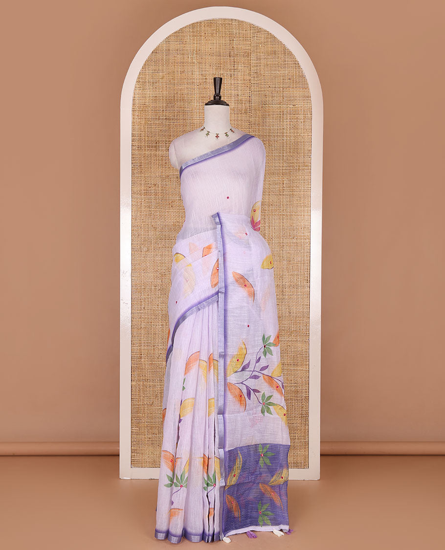 Lavender colorful floral vine printed with mirror embroidered linen saree, contrast zari piping border, and contrast printed blouse