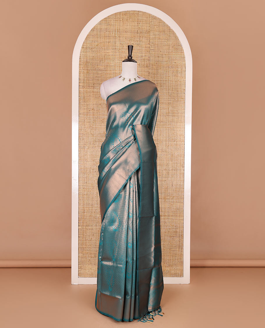 Rama green paisley zari jacquard Kanchi tissue saree, zari border, pallu steeped with paisleys, and jacquard matching blouse