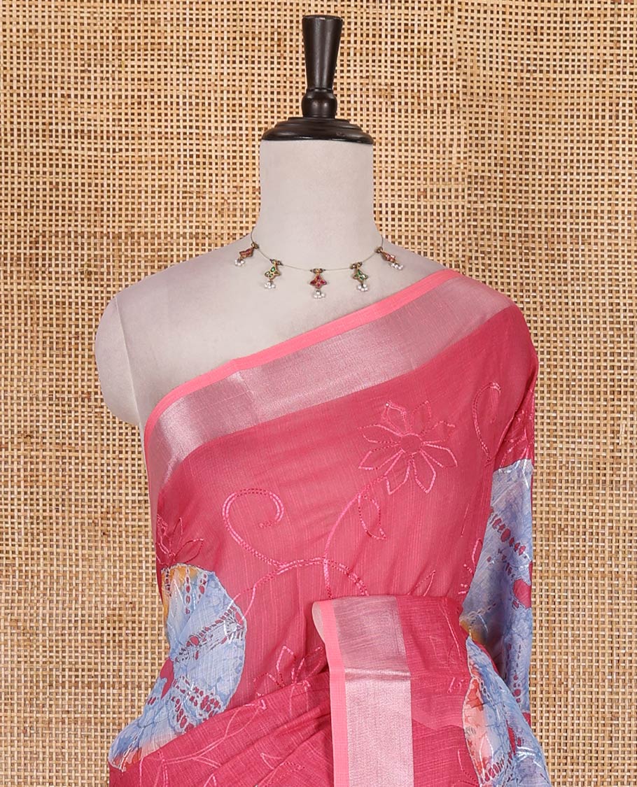 Pink shibori printed with thread floral vine embroidered linen cotton saree, contrast bavanji border, pallu, and blouse of shibori print with embroidery