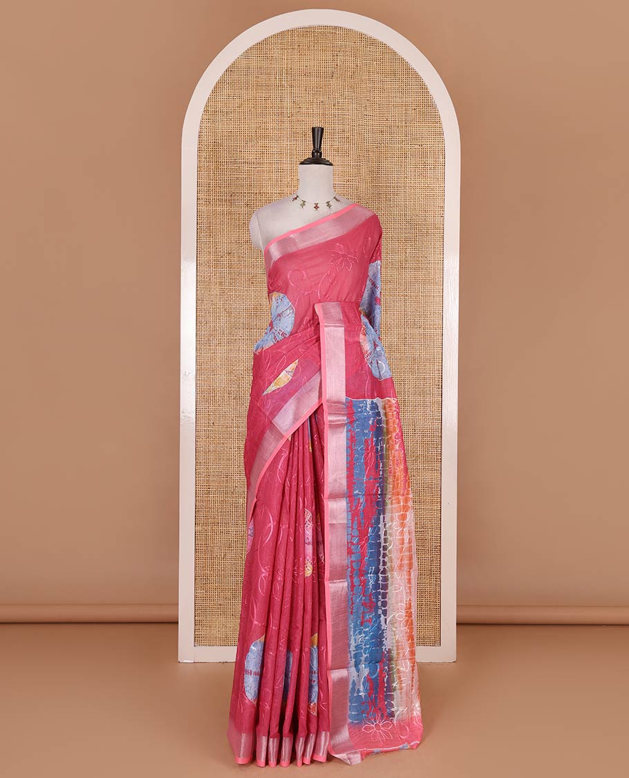 Pink shibori printed with thread floral vine embroidered linen cotton saree, contrast bavanji border, pallu, and blouse of shibori print with embroidery