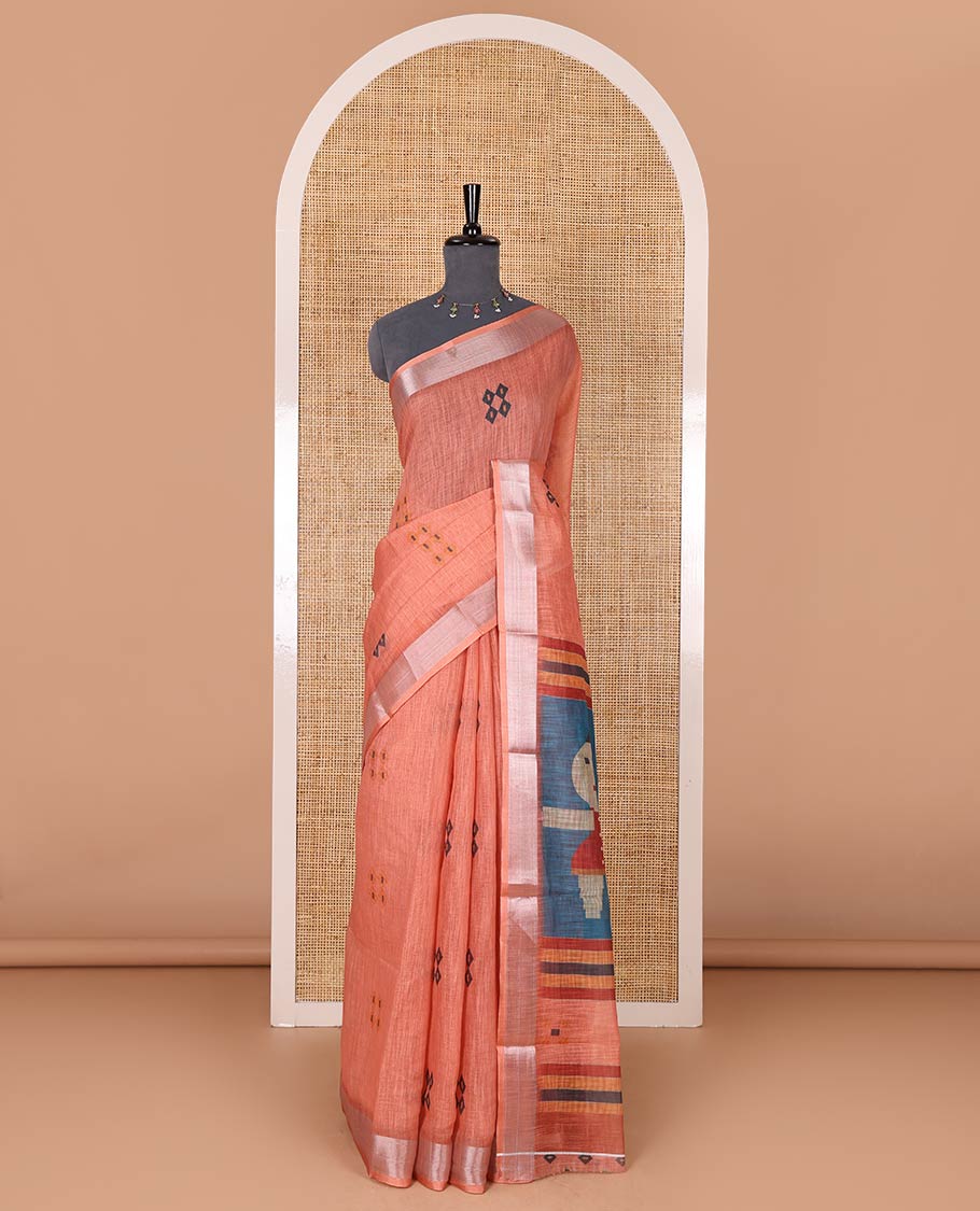 Orange diamond buttas printed linen cotton saree, bavanji border, doll printed pallu, and a matching blouse