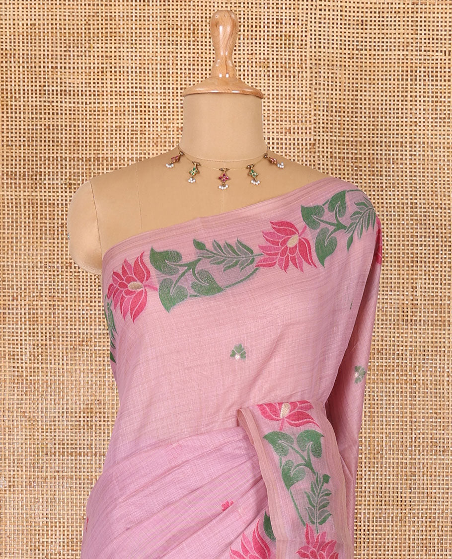 Pink resham thread buttas Munga cotton saree, jamdani floral creeper border, jamdani floral pallu, and contrast floral zari buttas blouse