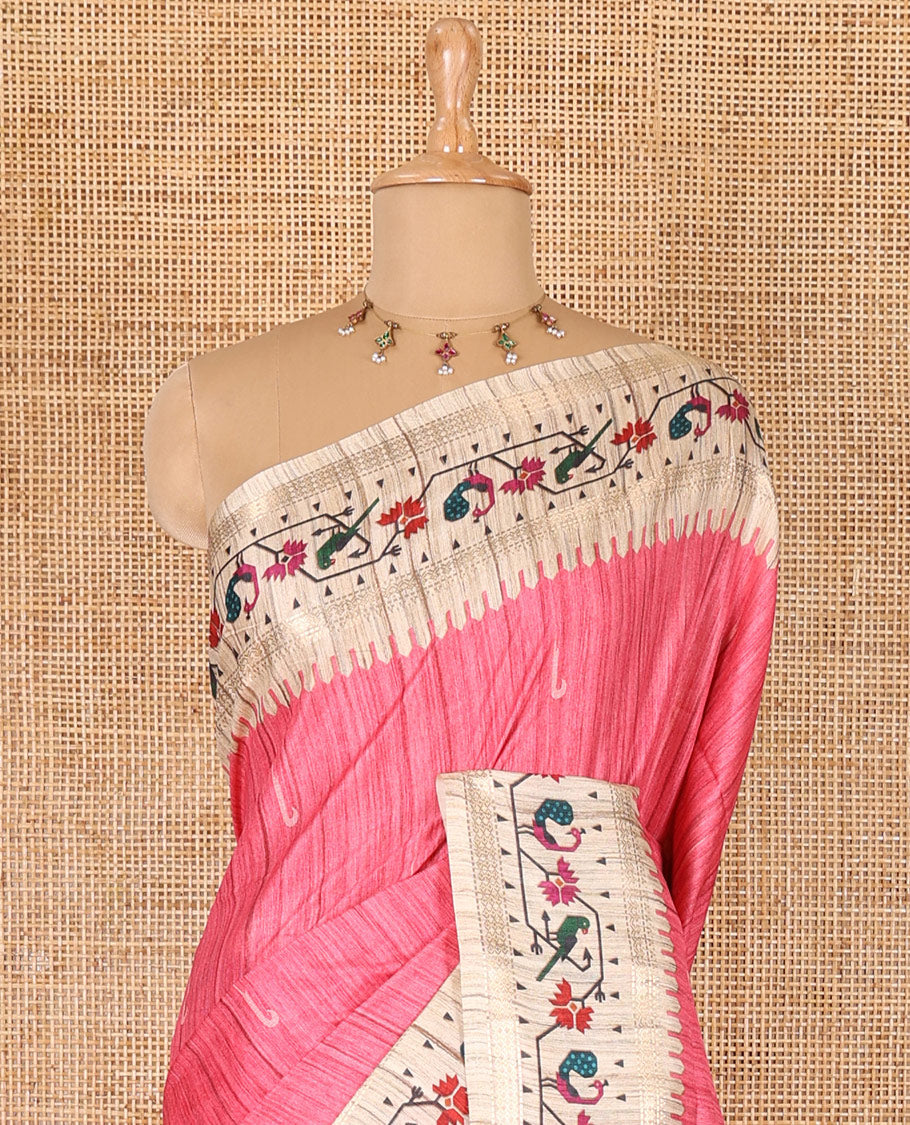 Pink muniya motifs katan silk saree, contrast paithani style border, pallu and blouse steeped with peacock, parrot, and floral motifs
