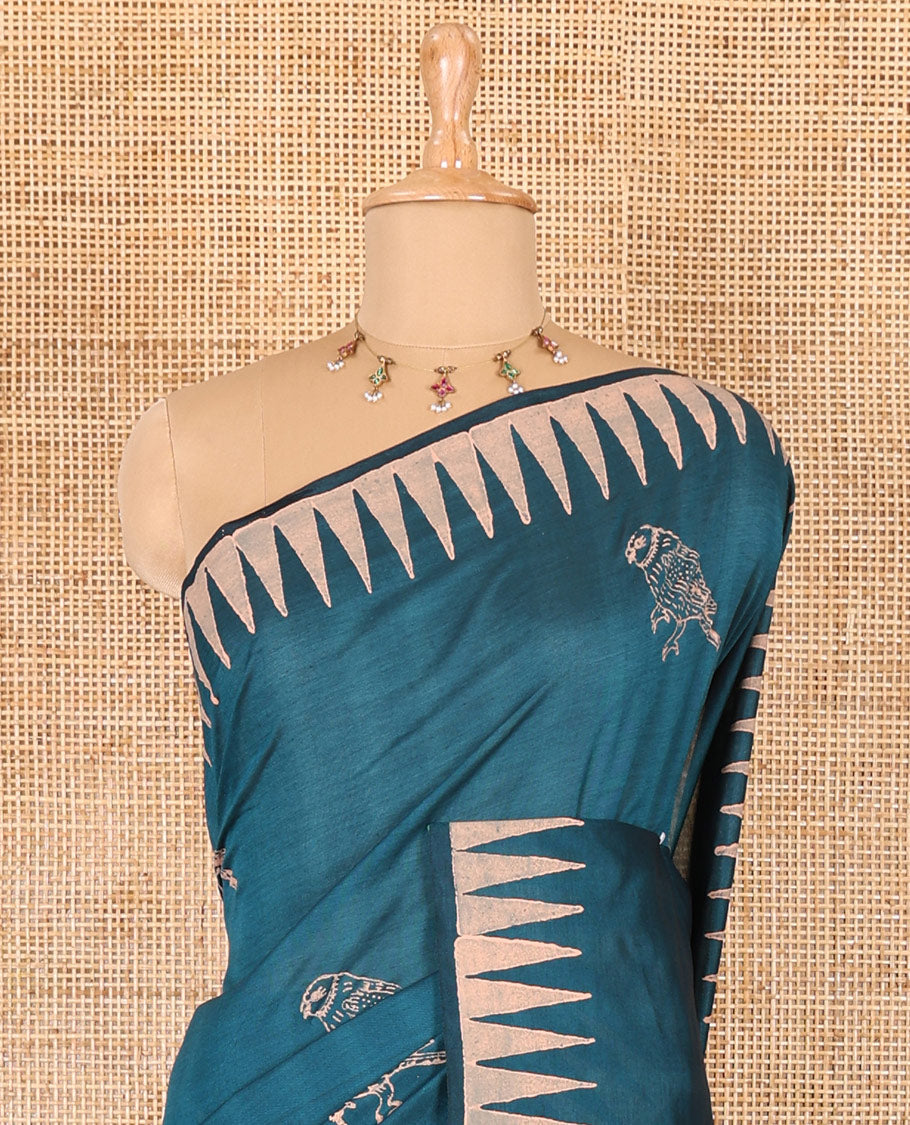 Peacock green sparrow motifs block printed South cotton saree, temple printed border, printed pallu, a matching blouse and a contrast floral vine printed blouse
