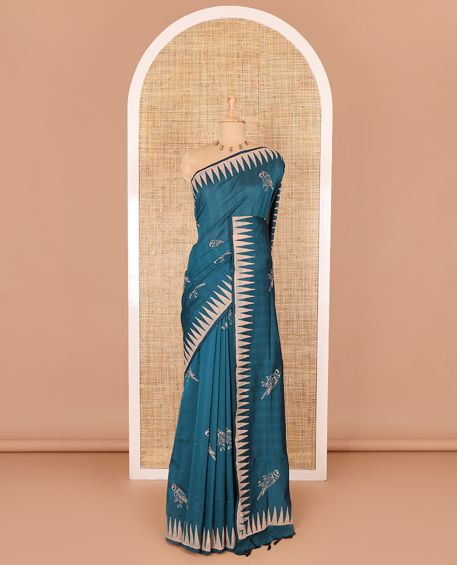 Peacock green sparrow motifs block printed South cotton saree, temple printed border, printed pallu, a matching blouse and a contrast floral vine printed blouse