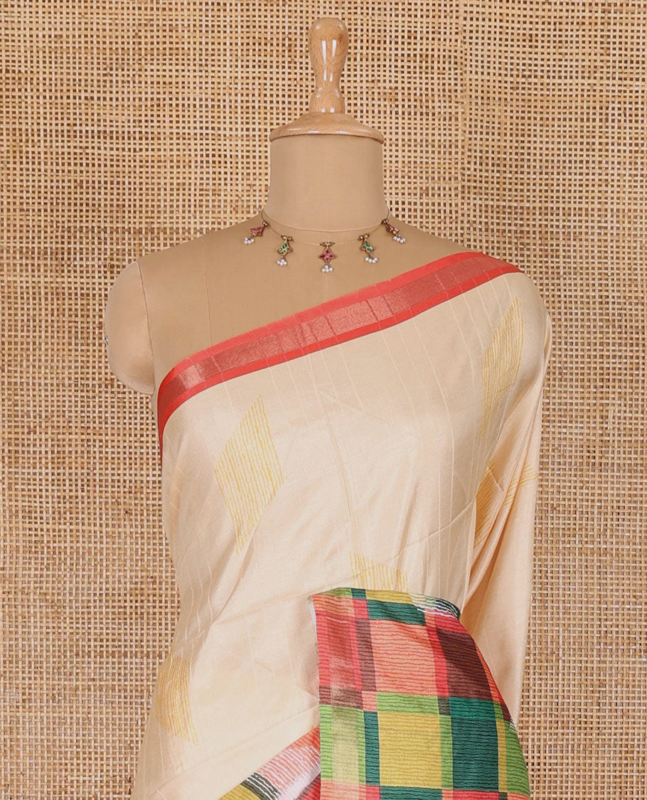 Cream diamond motifs printed katan silk saree, contrast checked border of diamonds buttas, geometric printed pallu, and a contrast blouse