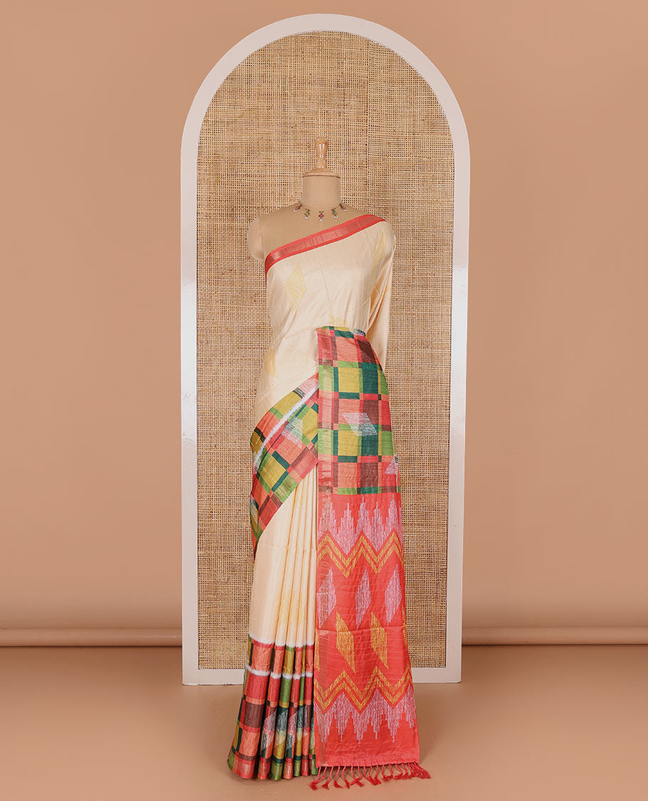 Cream diamond motifs printed katan silk saree, contrast checked border of diamonds buttas, geometric printed pallu, and a contrast blouse