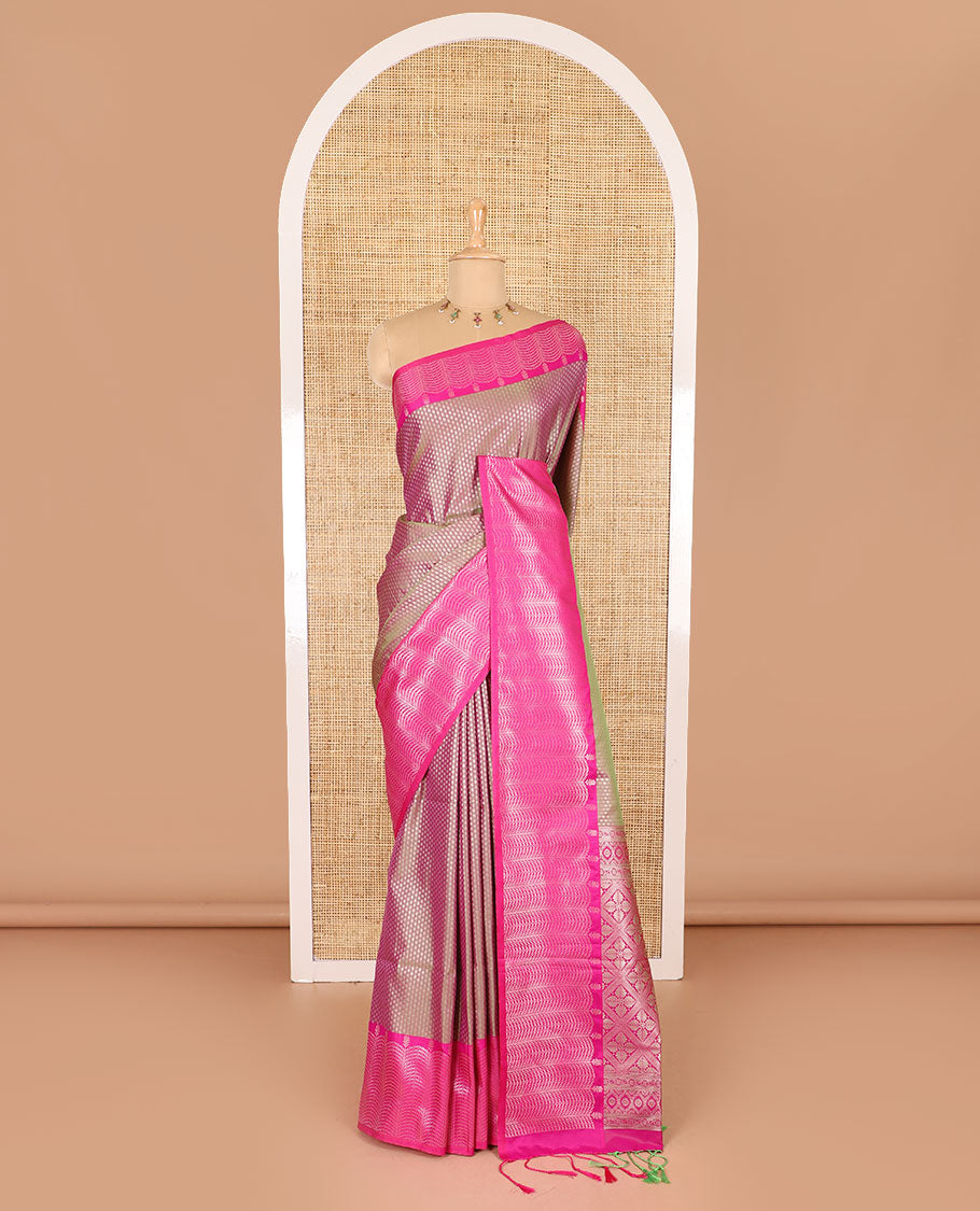 Sage green small zari buttas woven elite soft silk saree, contrast zari woven scallop satin border, jaal pallu, and a contrast chakram zari motifs blouse