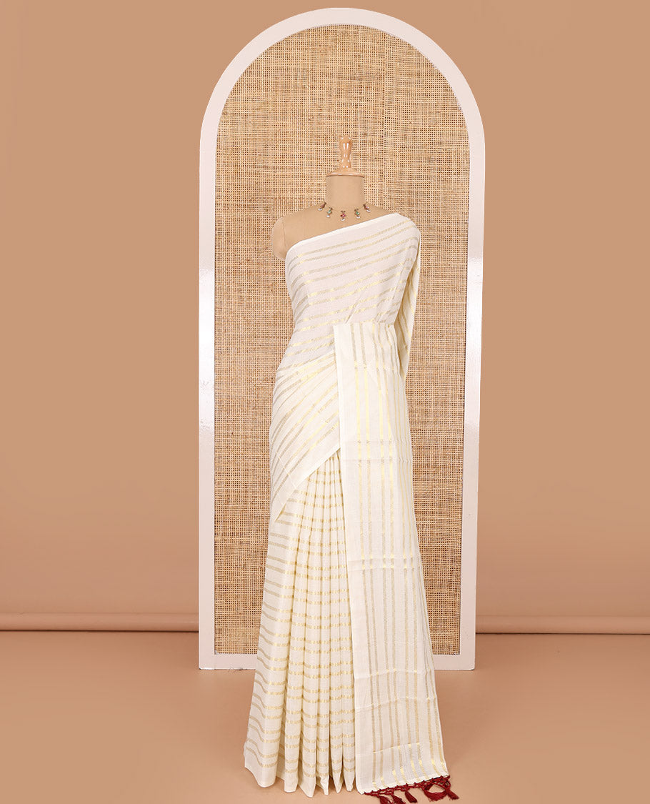 Borderless cream and maroon horizontal muthu zari striped Kerala cotton saree, self-pallu with tassels, and a matching blouse