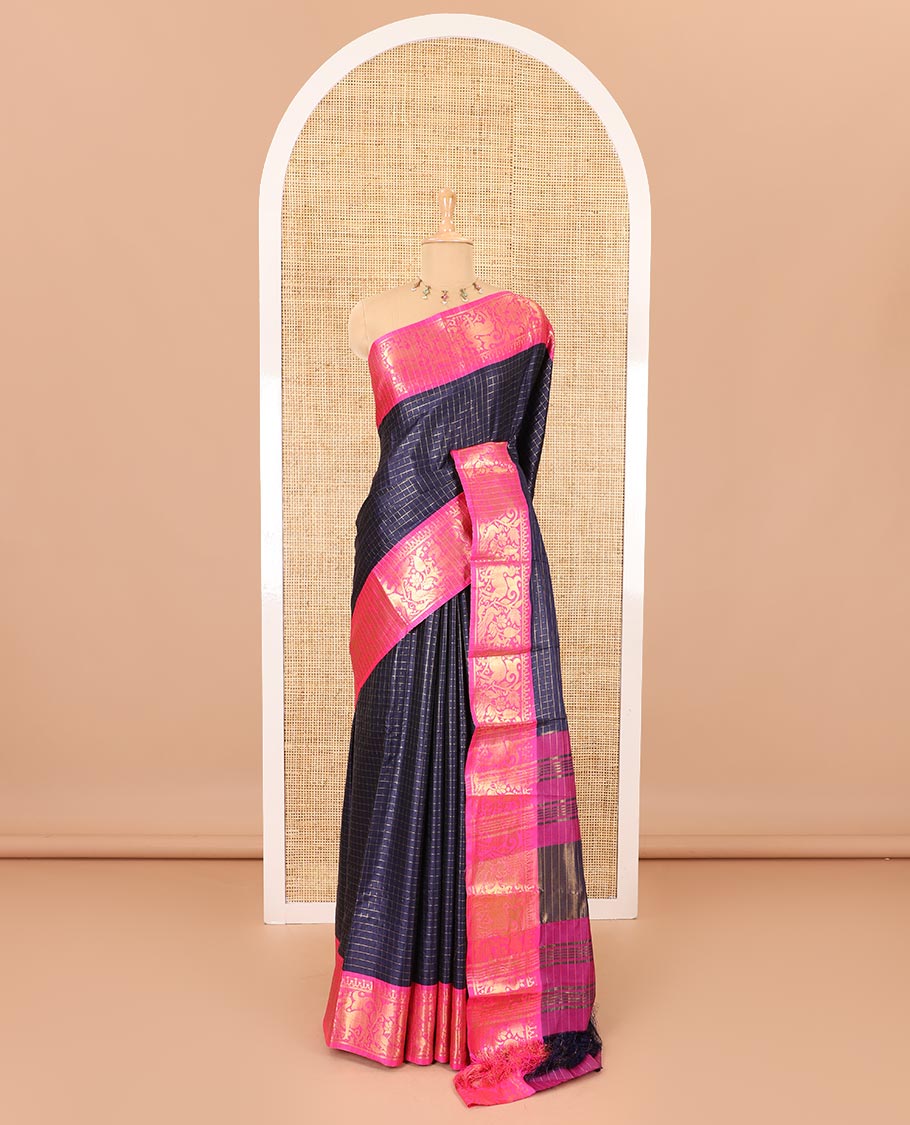 Navy blue golden zari checked semi-taffeta saree, contrast zari border of deer and peacock motifs, striped pallu, and a contrast zari design blouse