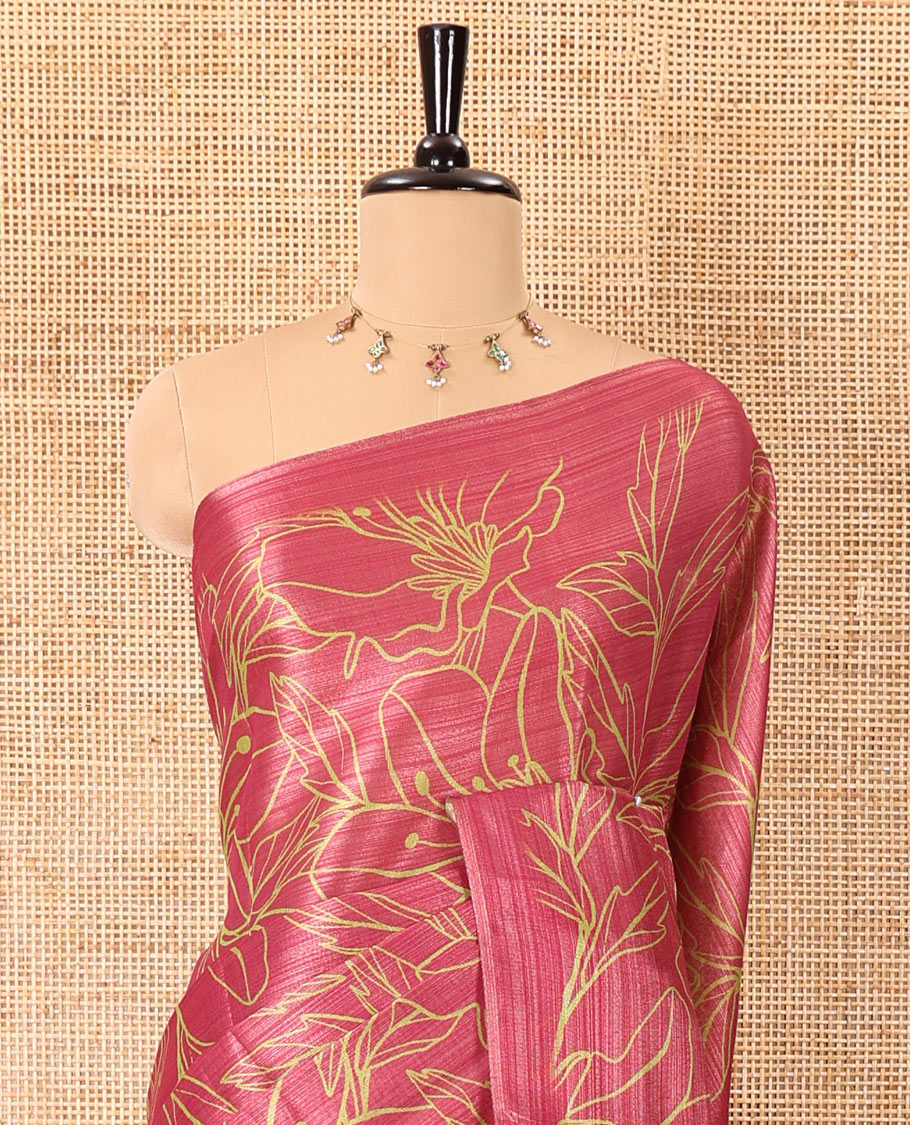 Borderless wine big floral motifs printed tissue silk saree with floral printed pallu, and a contrast plain blouse