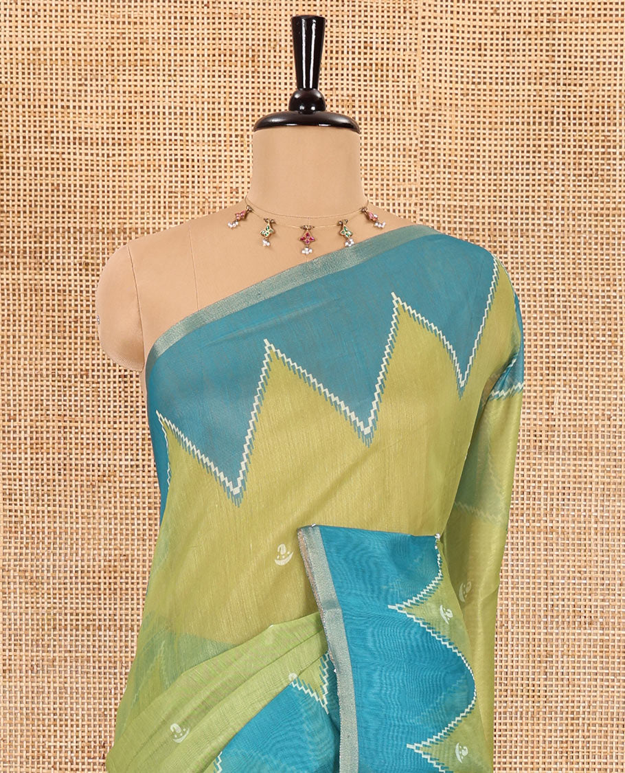 Parrot green small buttas printed Linen cotton saree, contrast double-sided temple border, striped pallu, and vertically striped blouse