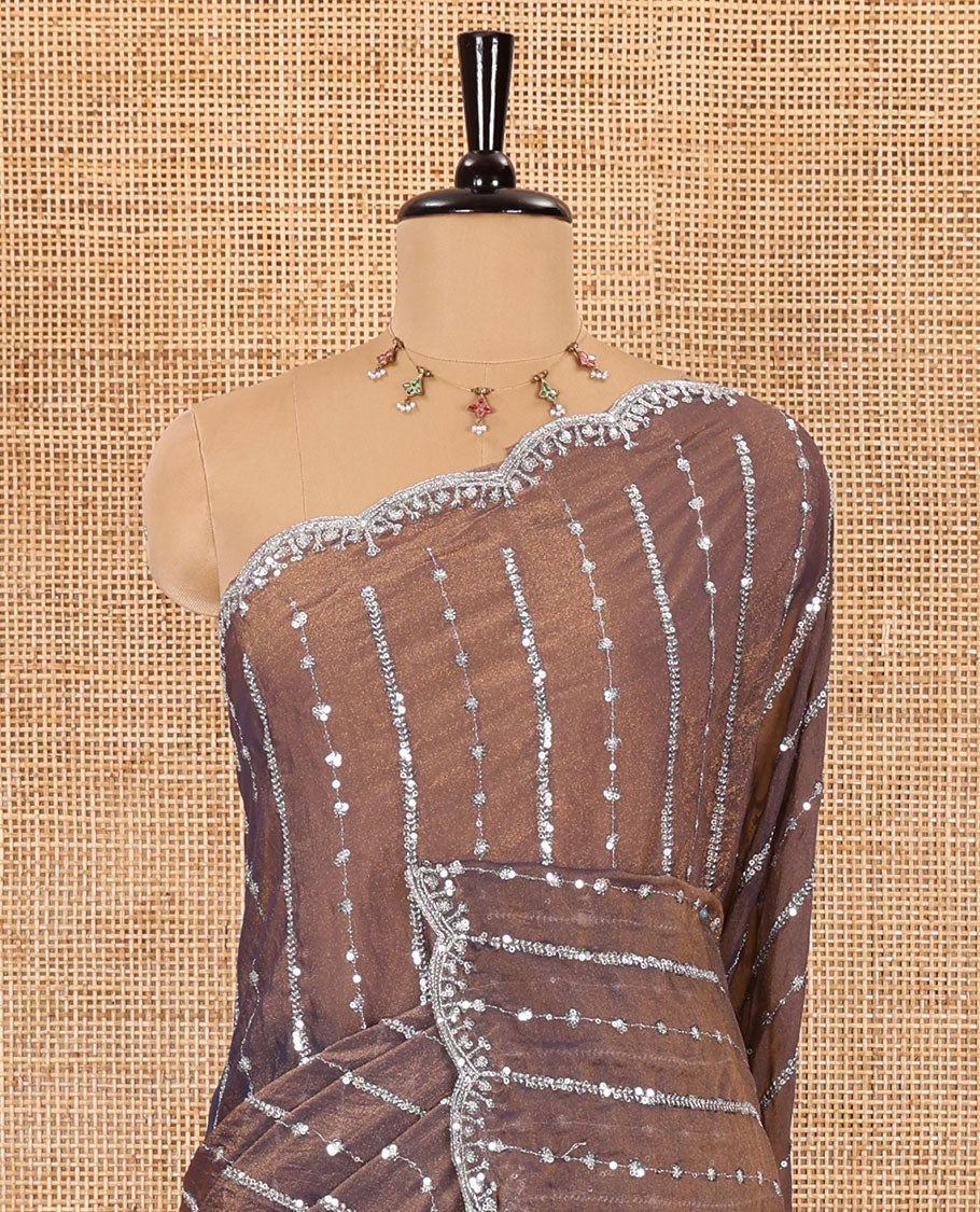 Navy blue vertical stripes embroidered shimmer chiffon saree, scallop embroidered border, embroidered pallu, and fancy embroidered matching blouse