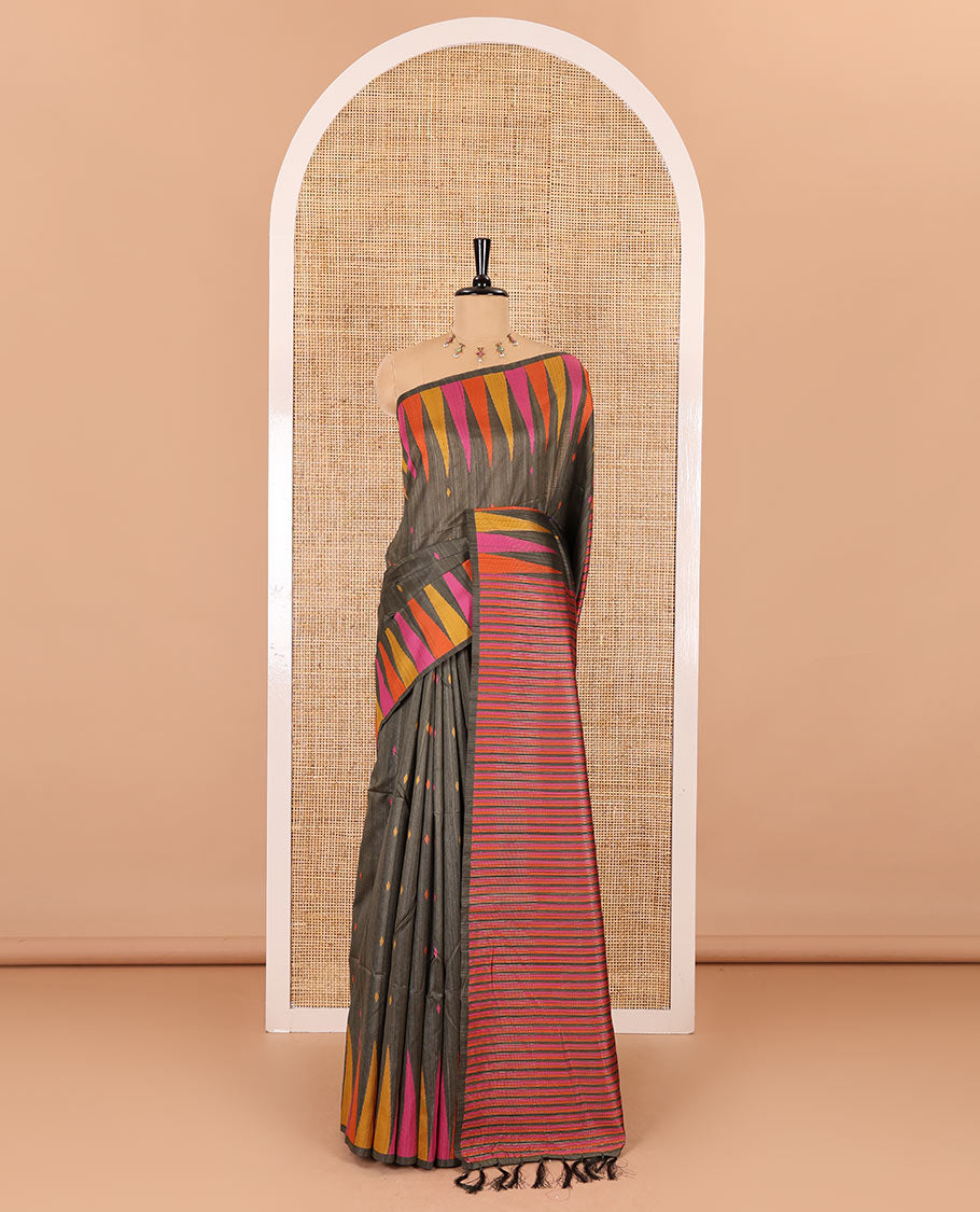 Olive green thread buttas woven jute cotton saree, multi-color temple border, striped pallu, and a matching striped blouse