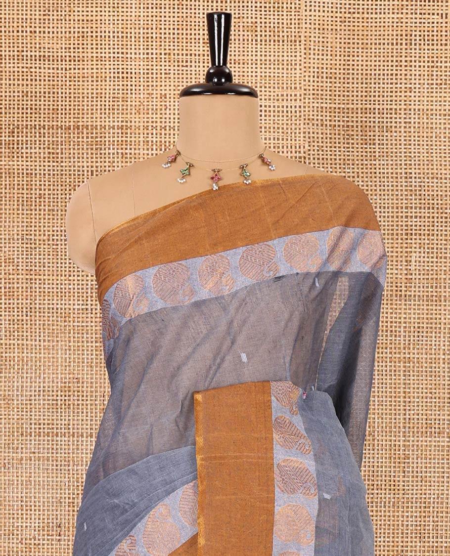 Grey thread buttas Bengal cotton saree, contrast border of paisley motifs, and striped pallu