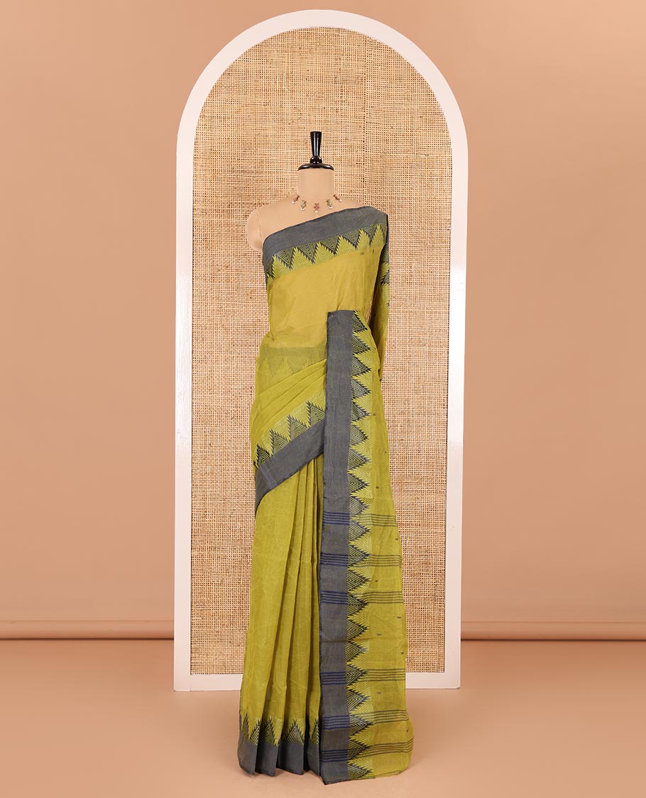 Green thread buttas Bengal cotton saree, contrast temple border, and pallu of buttas and stripes