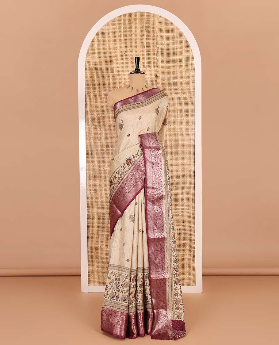 Chikku-purple vertical striped, and animal motifs printed dola silk saree, contrast manga motifs zari woven border, animal motifs printed pallu, and a contrast printed blouse