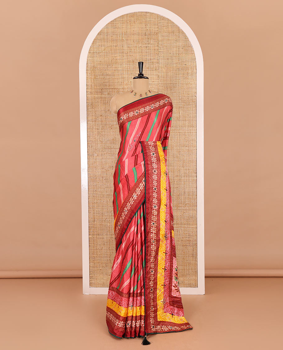 Pink leheriya striped printed, mirror and stone work moss chiffon saree, contrast bandhani printed mirror work border, floral print, mirror and stone work pallu with a contrast plain blouse