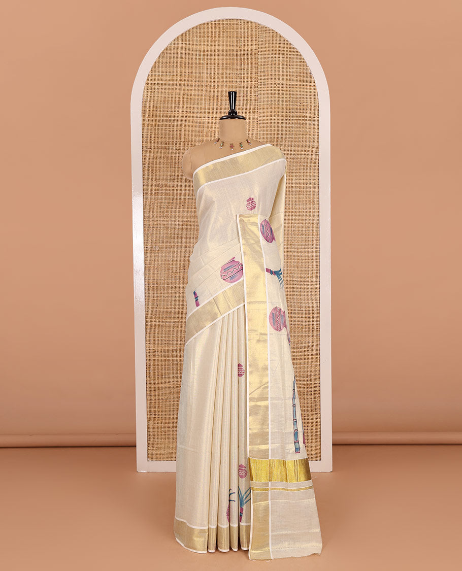 Cream-violet Pongal-festive theme block printed Kerala cotton saree, pongal pot printed body, bavanji border, and Pongal theme block print pallu, and a matching blouse