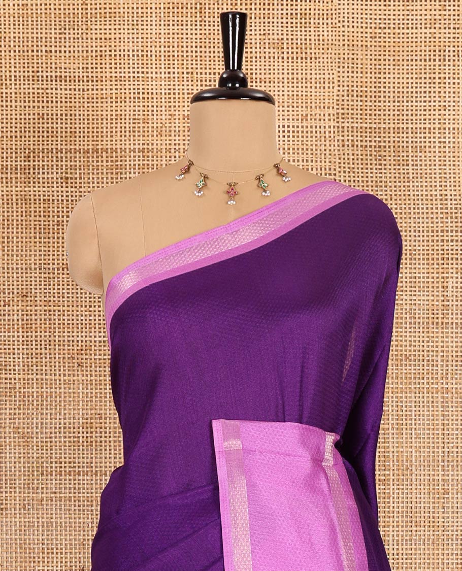 Violet embossed moss chiffon saree, contrast traditional rettai pettu border, embossed pallu, and a contrast embossed blouse