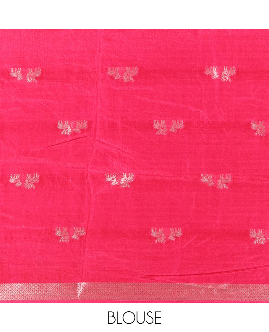 Orange deer zari motifs dola silk saree, contrast green-pink ganga jamuna deer motifs zari woven border, paisley-diamond printed pallu, and a contrast deer motifs blouse