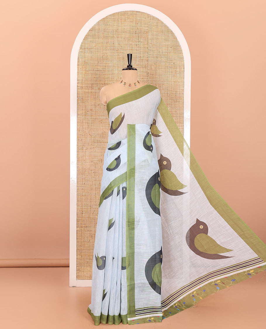 Grey birds motifs linen cotton saree with contrast plain border , birds mofits pallu and leaf printed blouse