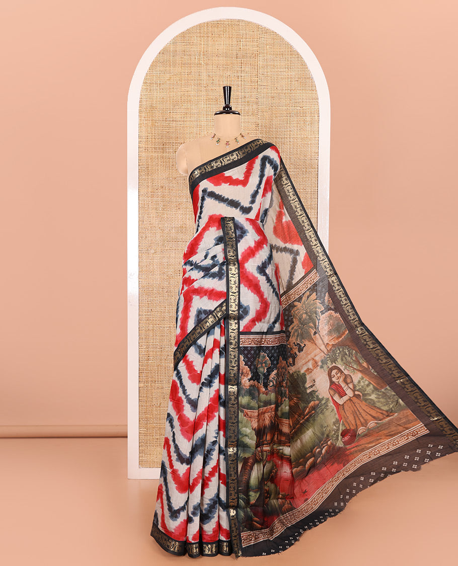 Red Muslin Cotton Saree Elevated with Zig-Zag Shibori Patterns Prints, Complemented by a Contrast Border of Deer Motifs in Zari, Pallu Decked Up with Scenery Print, and Paired with a Contrast Polka Dots Printed Blouse